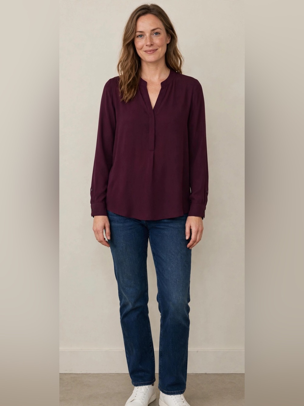 Simply Vera Vera Wang Plum Henley-Style Long Sleeve Blouse